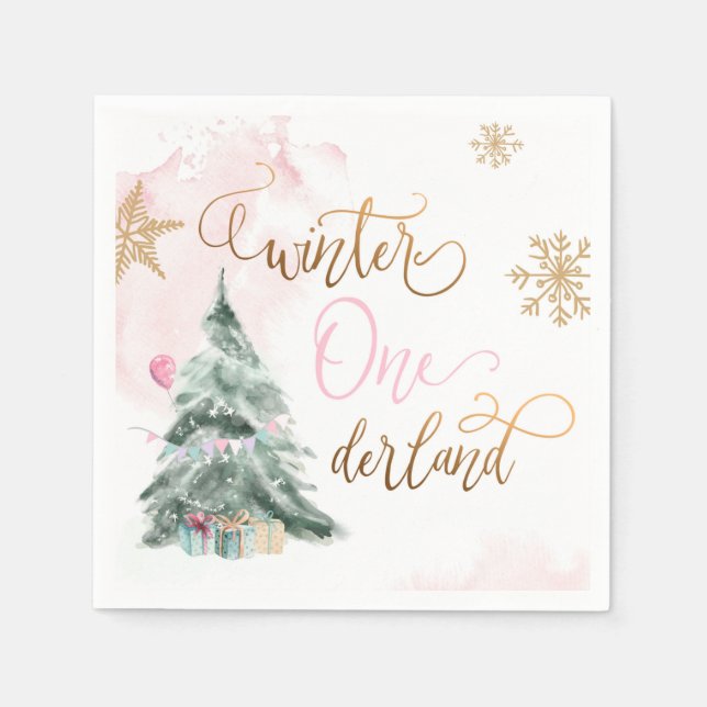 Winter Onederland Girl Pink Gold 1st Birthday Napkin (Front)