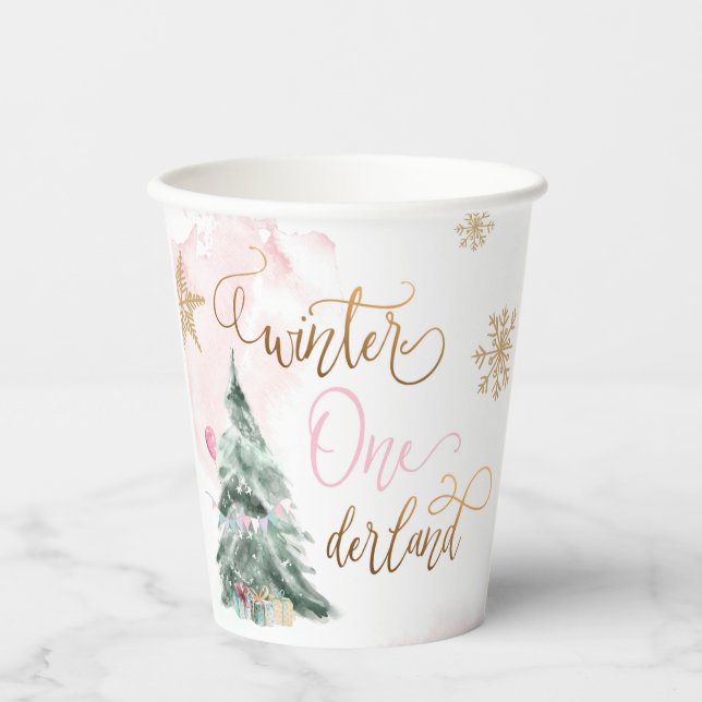 Winter Onederland Girl Pink Gold 1st Birthday Paper Cups (Front)