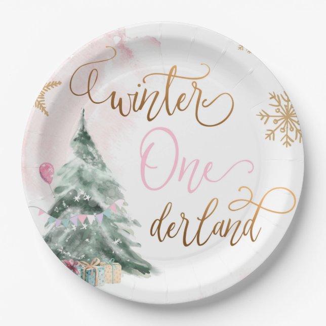 Winter Onederland Girl Pink Gold 1st Birthday Paper Plate (Front)