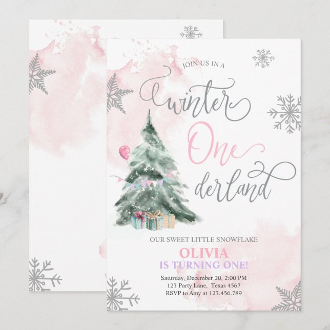 Winter Onederland Girl Pink Winter 1st Birthday Invitation (Front/Back)