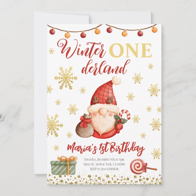 Winter Onederland Gold Gnome Birthday Invitation (Front)
