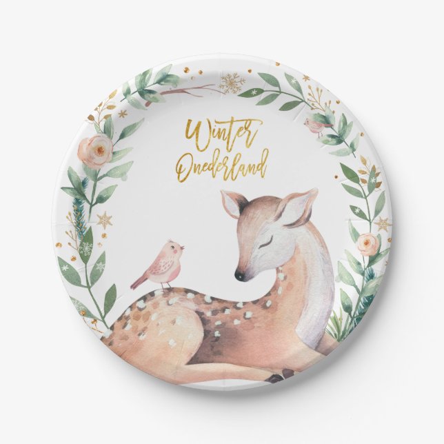 Winter ONEderland Gold Greenery Deer Woodland Paper Plate (Front)
