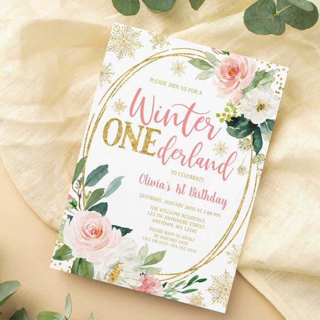 Winter ONEderland Gold Pink Floral Birthday Invitation (Creator Uploaded)