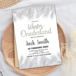 Winter ONEderland Invitations Silver Glitter Pine