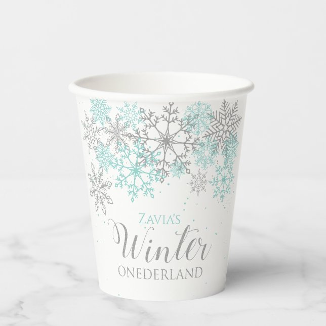 Winter ONEderland Light Teal Silver Snowflake Paper Cups (Front)