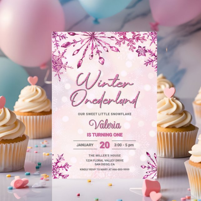 Winter Onederland Little Snowflake 1st Birthday Invitation (Pink snowflakes winter onederland 1st birthday party invitation)