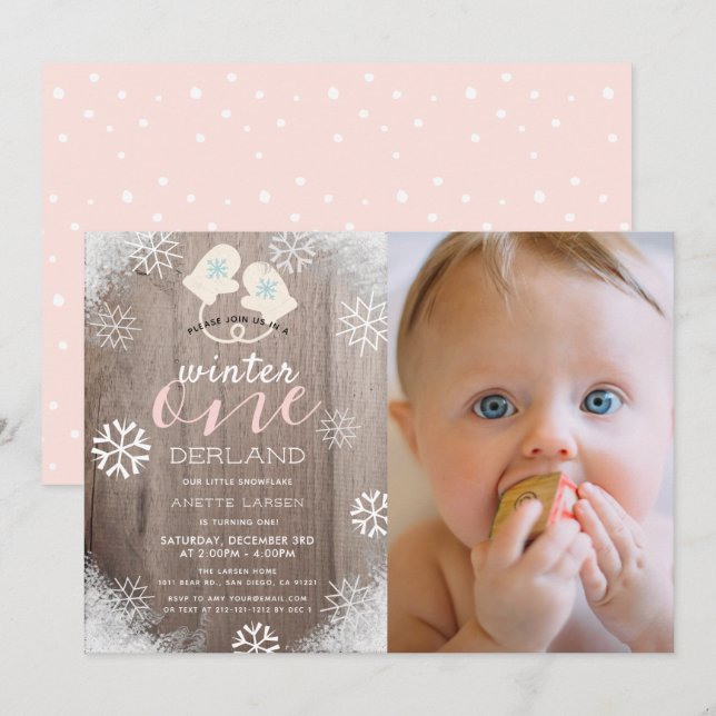 Winter Onederland Mittens Girl Pink 1st Birthday Invitation (Front/Back)