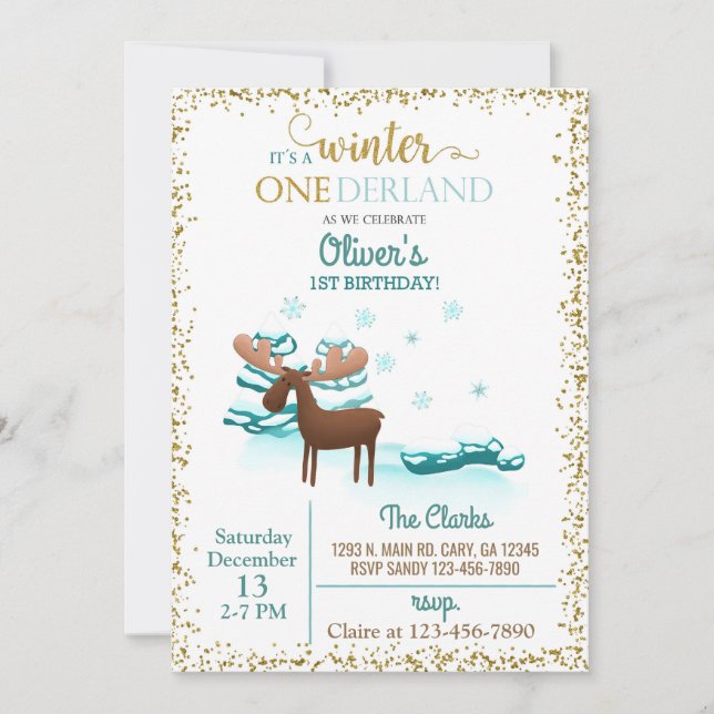 Winter Onederland moose boy 1st first birthday. Invitation (Front)