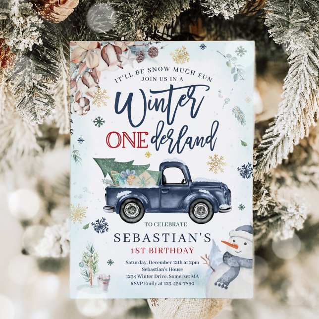 Winter ONEderland Navy Winter Truck Snowman Party  Invitation (Creator Uploaded)