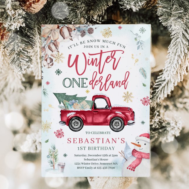 Winter ONEderland Navy Winter Truck Snowman Party Invitation (Creator Uploaded)