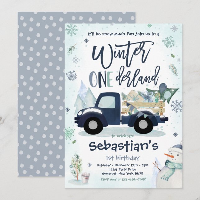Winter ONEderland Navy Winter Truck Snowman Party Invitation (Front/Back)