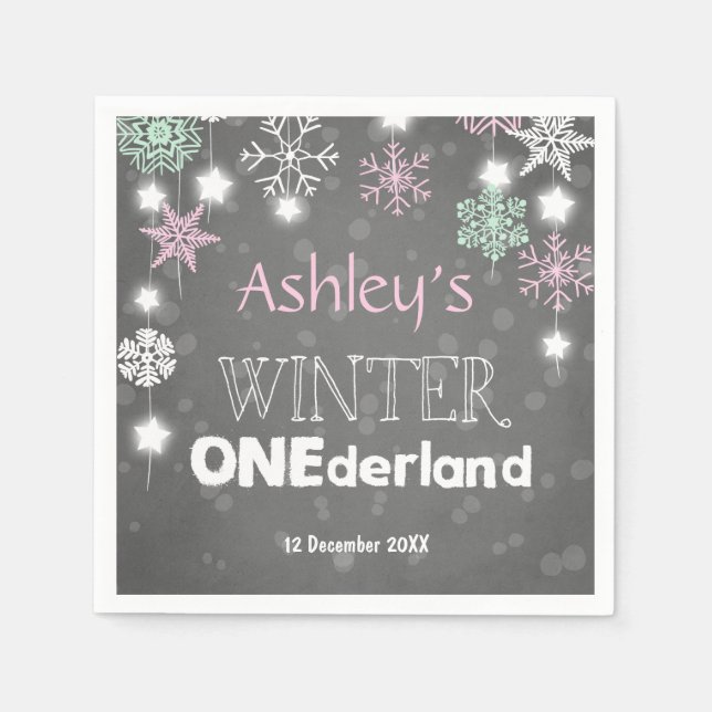 Winter onederland Paper Napkin Pink Girl Snowflake (Front)