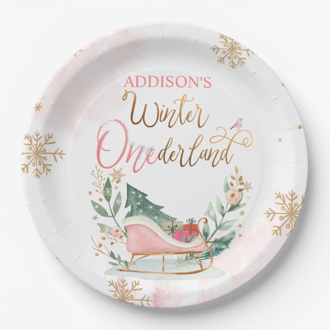 Winter Onederland Party Girl Pink Snow Birthday  Paper Plate (Front)