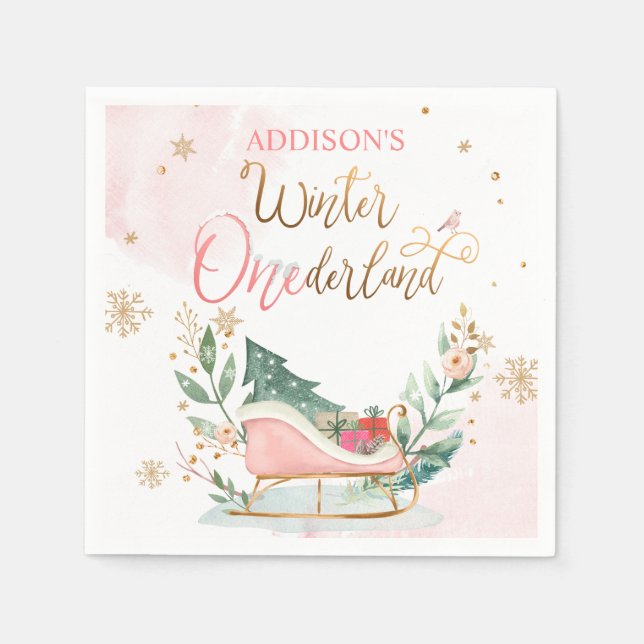 Winter Onederland Party Sleigh Girl 1st Birthday Napkin (Front)