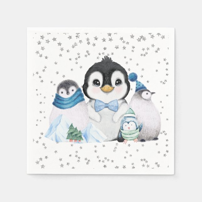 Winter Onederland Penguin Birthday Napkin (Front)