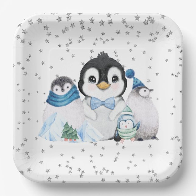 Winter Onederland Penguin Birthday Paper Plate (Front)