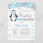 Winter Onederland Penguin Boy 1st Birthday Invitation<br><div class="desc">Winter Onederland Penguin Boy 1st Birthday Invitation. Blue and Grey Snowflake. Boy Birthday Party Invitation. Winter Holiday Bday. White Background. For further customisation,  please click the "Customise it" button and use our design tool to modify this template.</div>