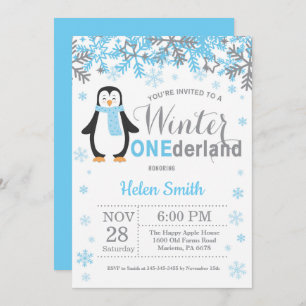 Winter Onederland Penguin Boy 1st Birthday Invitation