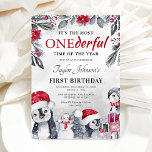Winter Onederland Penguin Christmas 1st Birthday Invitation<br><div class="desc">First birthday christmas party invitations featuring a washed out grey background,  elegant watercolor xmas florals & foliage,  cute baby penguins,  snowman,  gifts,  and a elegant personalised 1st birthday template that is easy to customise.</div>