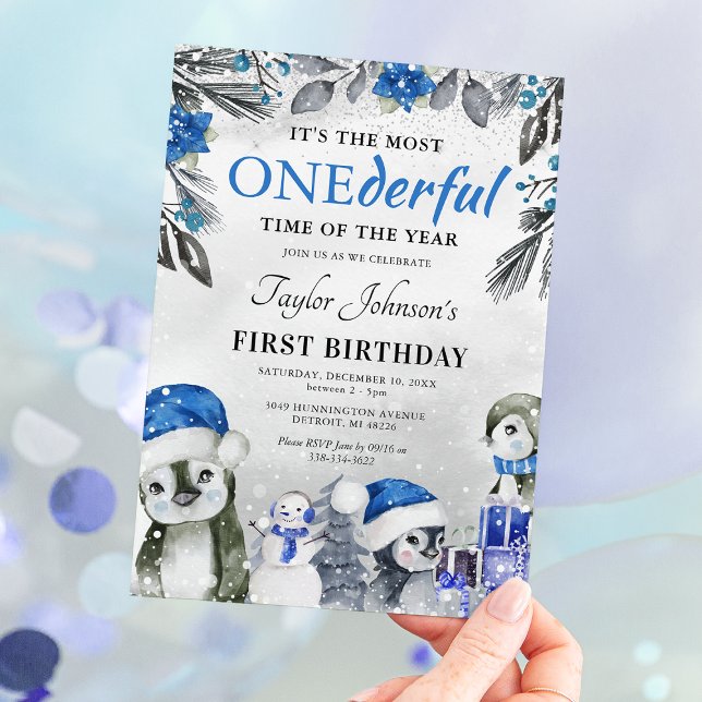 Winter Onederland Penguin Christmas 1st Birthday Invitation (Creator Uploaded)