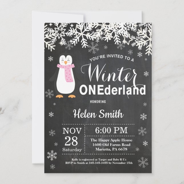 Winter Onederland Penguin Girl 1st Birthday Invitation (Front)