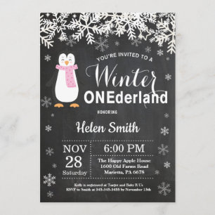 Winter Onederland Penguin Girl 1st Birthday Invitation