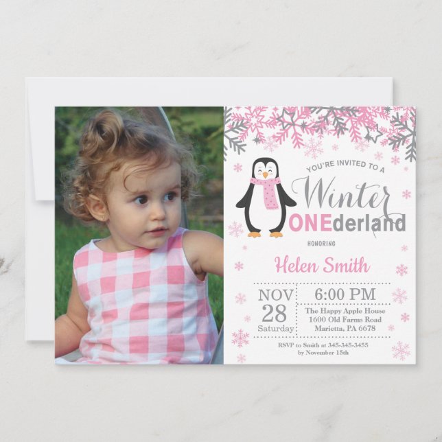 Winter Onederland Penguin Girl 1st Birthday Invitation (Front)