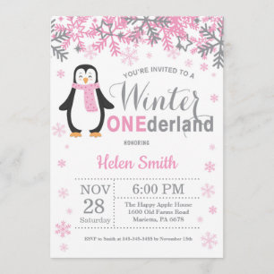 Winter Onederland Penguin Girl 1st Birthday Invitation