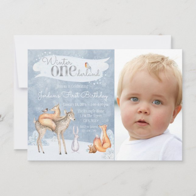 Winter ONEderland Photo 1st Birthday Invitations (Front)