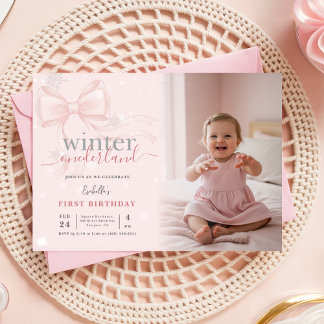 Winter ONEderland Photo Pink Bow First Birthday Invitation