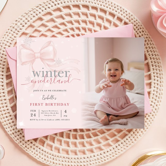 Winter ONEderland Photo Pink Bow First Birthday Invitation (Creator Uploaded)