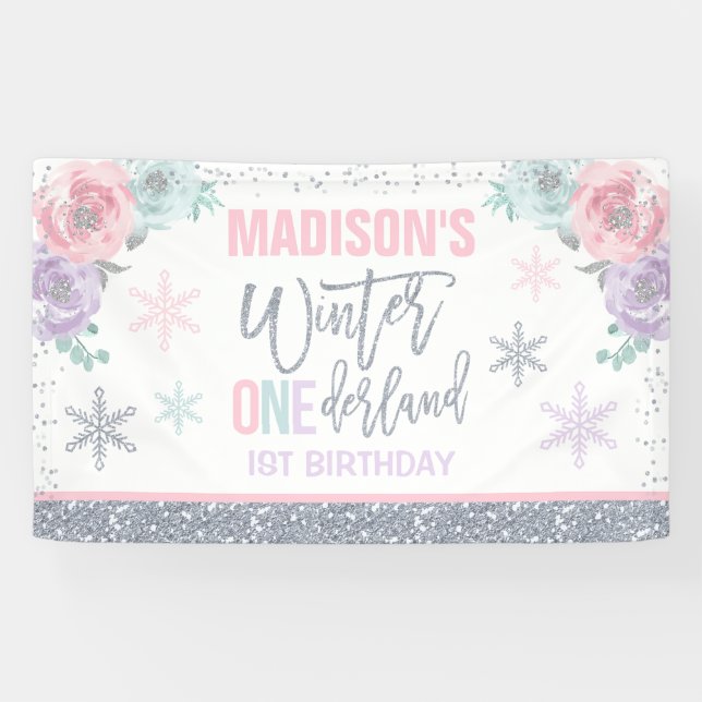 Winter ONEderland Pink 1st Birthday Decorations Banner (Horizontal)