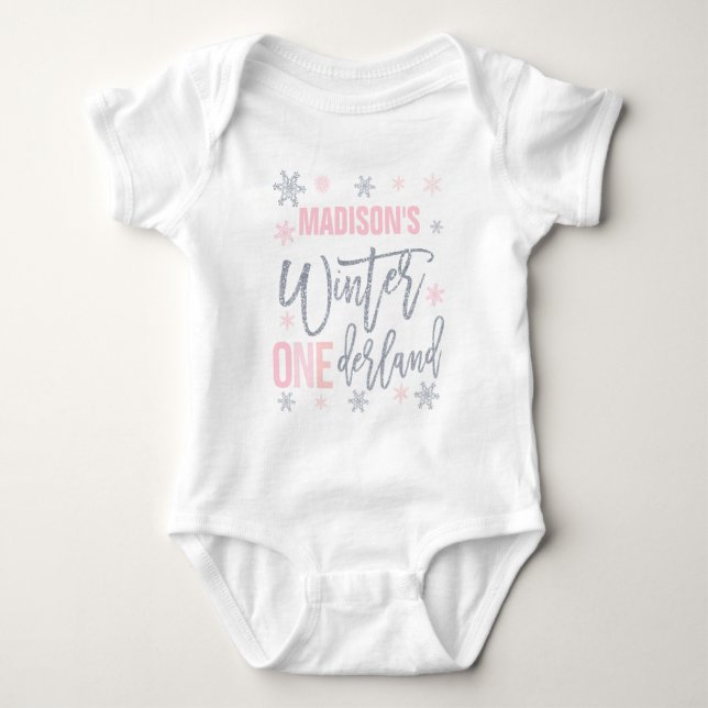 Winter ONEderland Pink 1st Birthday Outfit Baby Bodysuit (Front)