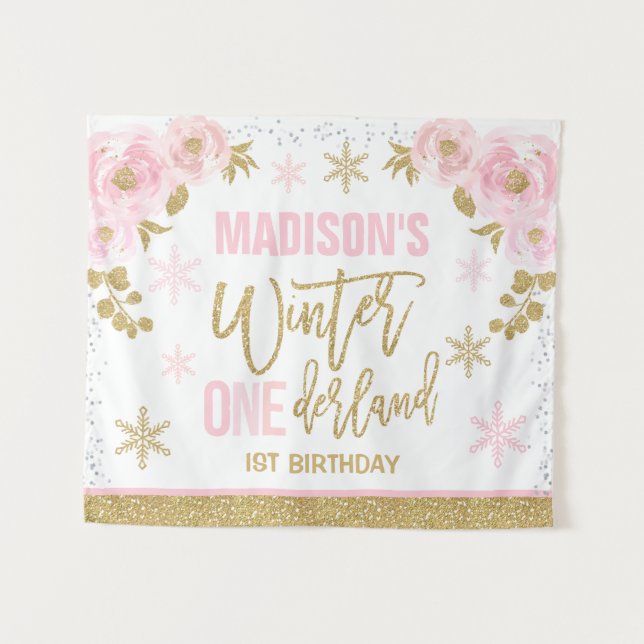 Winter ONEderland Pink 1st Birthday Party Banner Tapestry (Front (Horizontal))