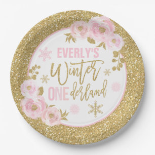 Winter ONEderland Pink And Gold Decorations Paper Plate