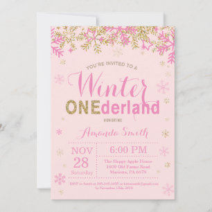 Winter Onederland Pink and Gold Girl 1st Birthday Invitation