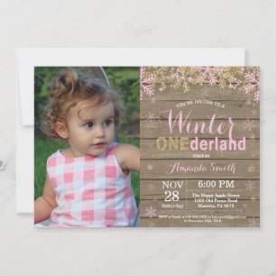 Winter Onederland Pink and Gold Girl 1st Birthday Invitation