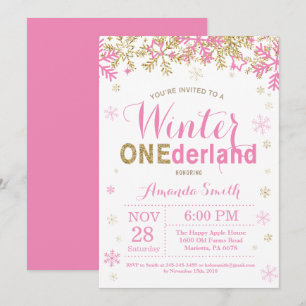 Winter Onederland Pink and Gold Girl 1st Birthday Invitation
