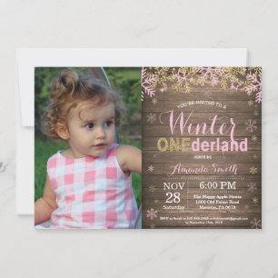 Winter Onederland Pink and Gold Girl 1st Birthday Invitation