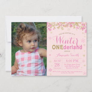 Winter Onederland Pink and Gold Girl 1st Birthday Invitation