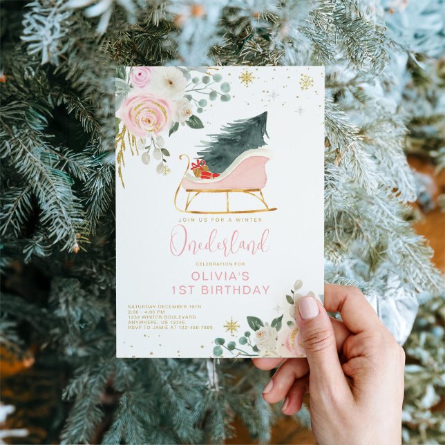 Winter Onederland Pink and Gold Sleigh Birthday Invitation (Creator Uploaded)