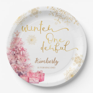 Winter Onederland Pink and Gold Snowflake Paper Plate