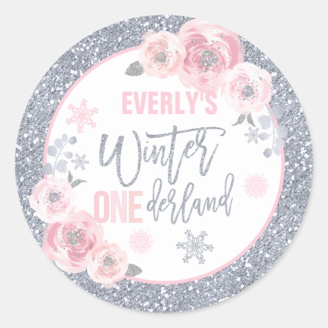 Winter ONEderland Pink And Silver Birthday Favours Classic Round Sticker (Front)