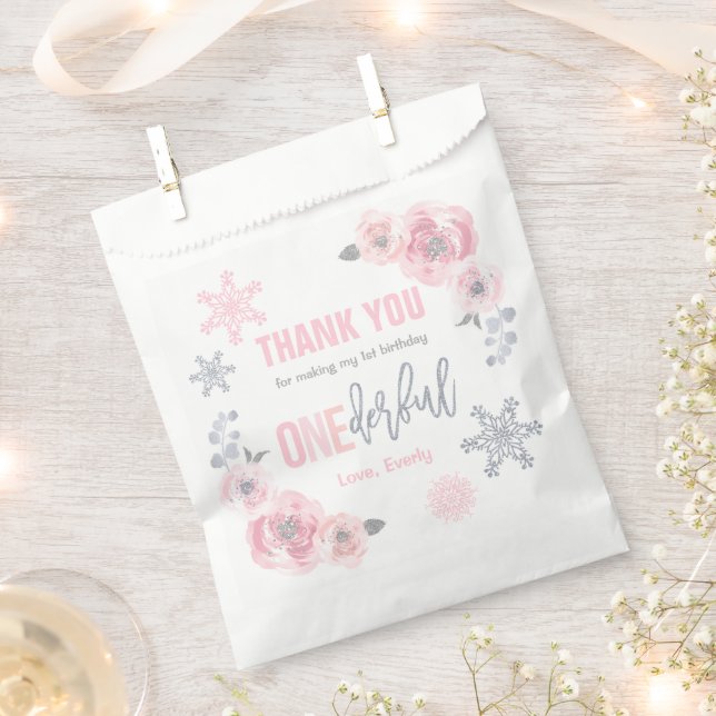Winter ONEderland Pink And Silver Birthday Party Favour Bags (Clipped)