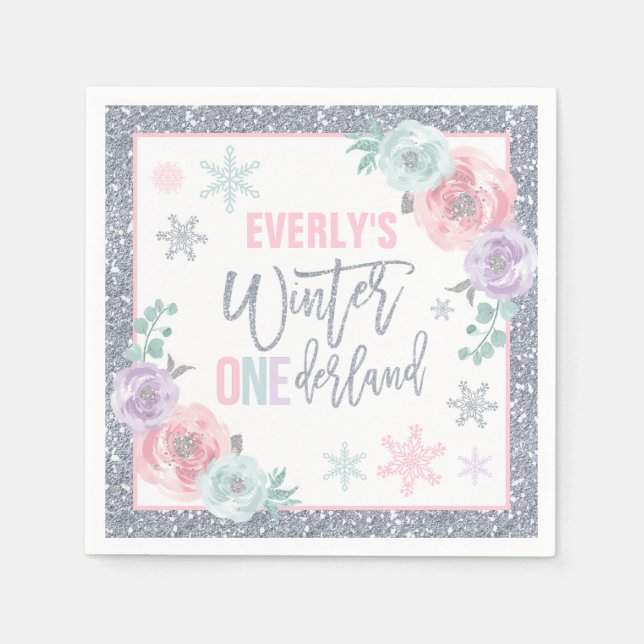 Winter ONEderland Pink And Silver Birthday Party Napkin (Front)