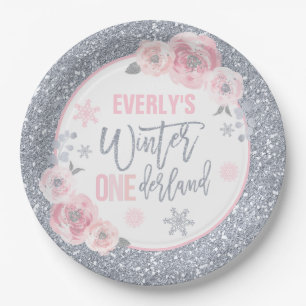 Winter ONEderland Pink And Silver Decorations Paper Plate