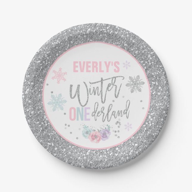 Winter ONEderland Pink And Silver Paper Plate (Front)