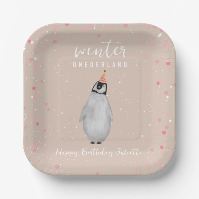 Winter Onederland Pink Birthday Penguin Birthday Paper Plate (Front)