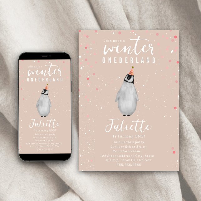 Winter Onederland Pink Birthday Penguin Confetti Invitation (Creator Uploaded)