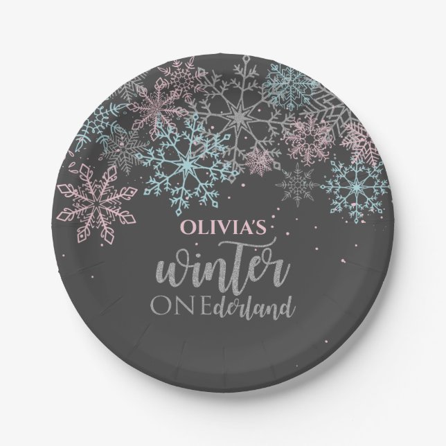 Winter Onederland Pink blue silver glitter Paper Plate (Front)